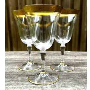 Tiffin Franciscan Crystal Optic Gold Encrusted 6 3/8" Wine Water Glasses-Set 3